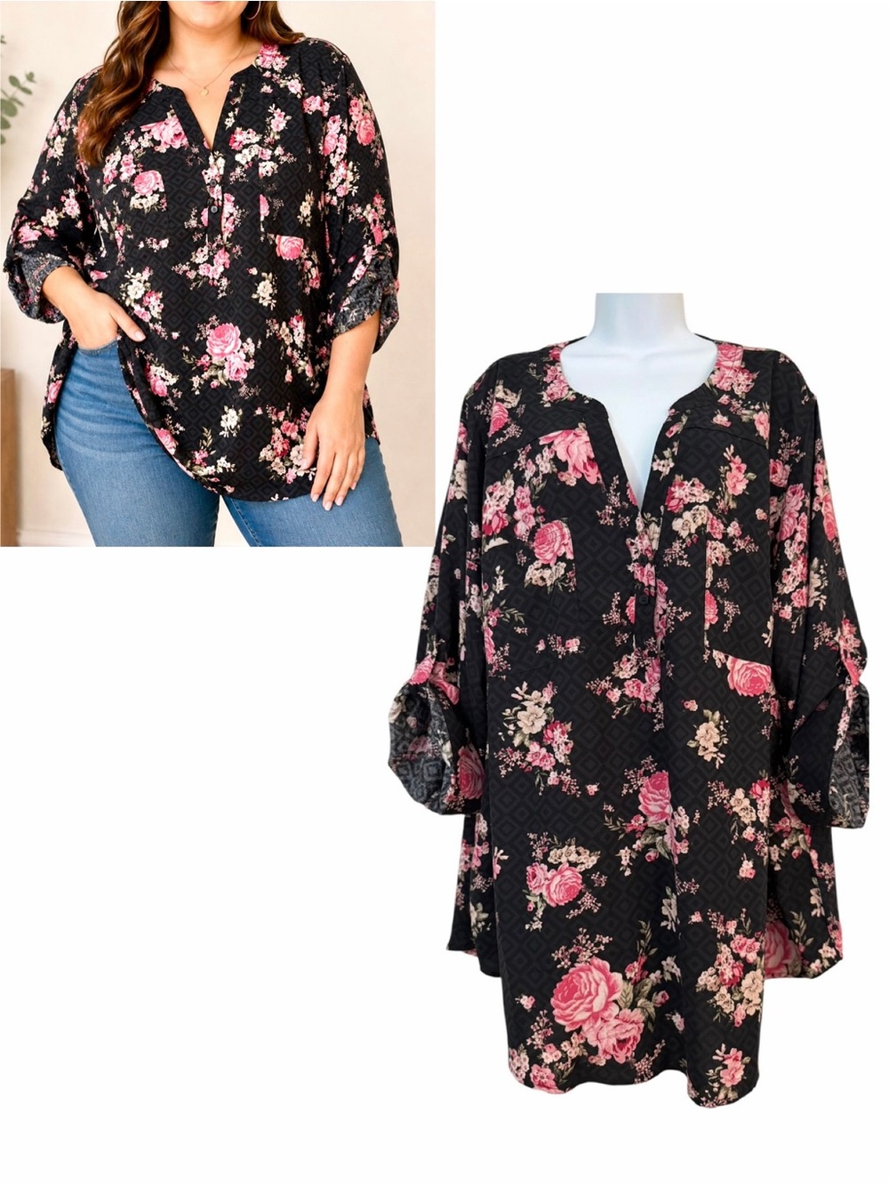 Torrid Harper Challis Pullover Top Geo Pink Floral Deep Black Plus Size 4/4X/26